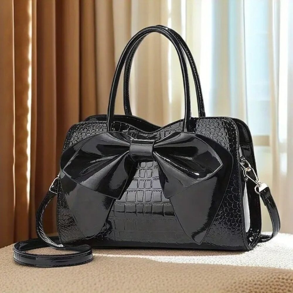 Black Crocodile Pattern Bow Handbag | Patent Faux Leather Purse w/ Strap - Picture 2 of 7
